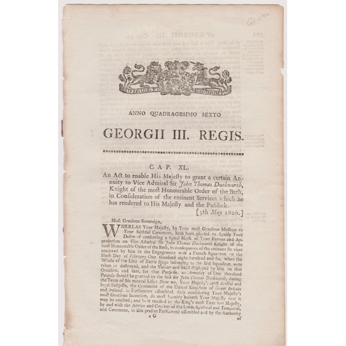 563 - George III Parliamentary Act concerning the reward of actions rendered by Vice Admiral Sir John Duck... 