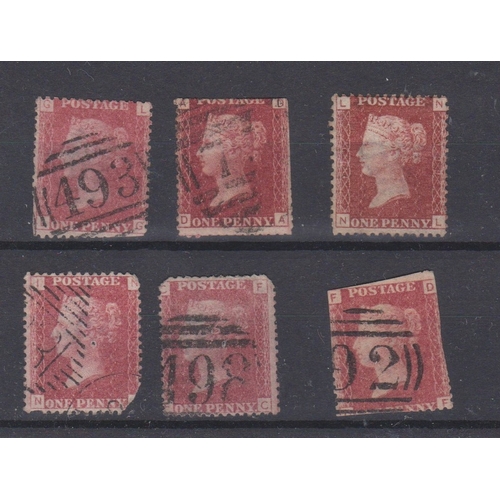 590 - Great Britain 1864-79 Queen Victoria SG 44 used 1d red x6. Includes plate No's 97, 100, 107, 123 and... 