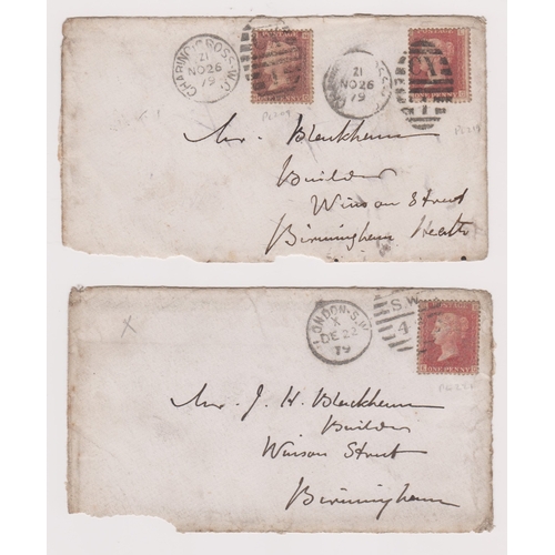 593 - Great Britain 1879 x2 envelopes fronts posted to Birmingham. Cancelled 26.11.79 with Charing Cross d... 