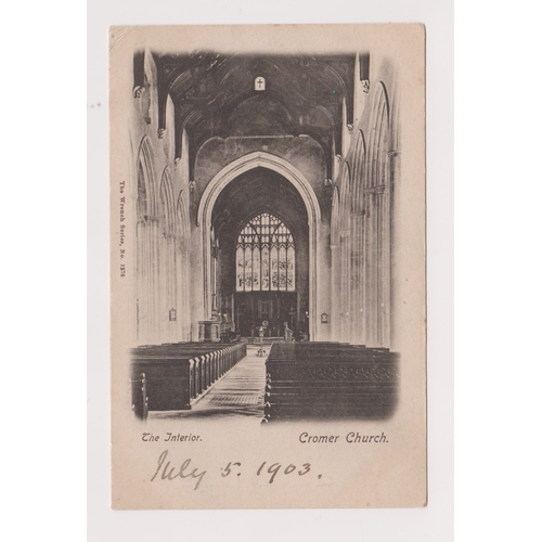 605 - Great Britain 1903 Cromer Church Interior picture postcard posted to Lowestoft. Cancelled 5.7.1902 w... 