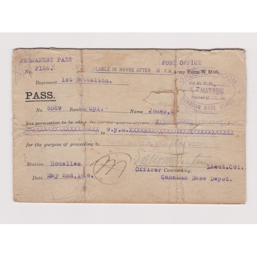 613 - WWI Movement Pass 1916 Canadian Base Depot Permanent Pass issued L/Cpl Jones, stamped and signed 3.5... 