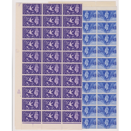 625 - Great Britain 1946 Peace SG 491 u/m 2 1/2d ultramarine sheet of (120), SG 492 u/m 3d Violet sheet of... 