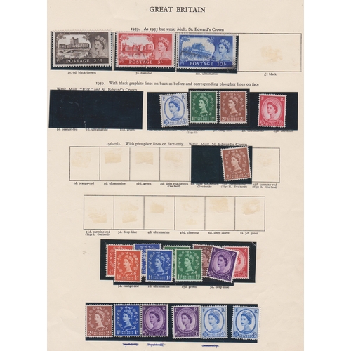 627 - Great Britain 1952-1967 Queen Elizabeth II u/m, m/m or used on 12 page mostly Machins with colours, ... 