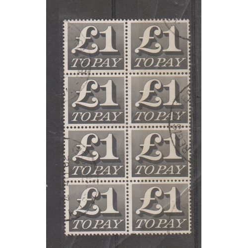 635 - Great Britain 1970-75 Postage due SG D88 used £1 black block of 8. Cat value £8