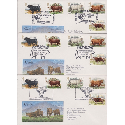 649 - Great Britain 1984 British Cattle set FDCs with Farming (BFDC 12), Irish Moiled (BFDC9) and Rare Bre... 