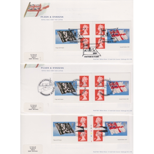 654 - Great Britain 2001 (22 Oct) Stamp Book Pane Flags and Ensigns FDCs (3) with Flag Institute, Chatham ... 