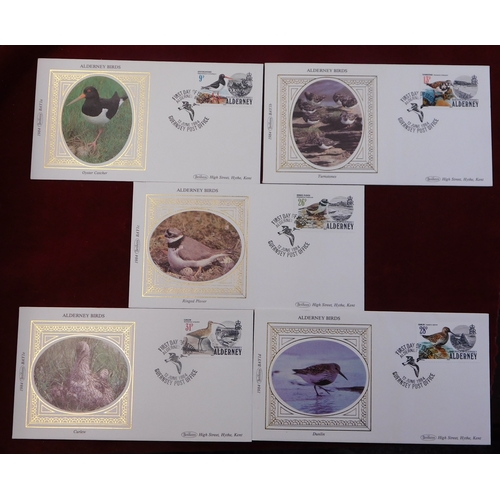 680 - Alderney FDCs Incl 1984 (12 June) Birds set on Benham set of five BAY19 etc, Cat £30 and 1985 (19 Ma... 