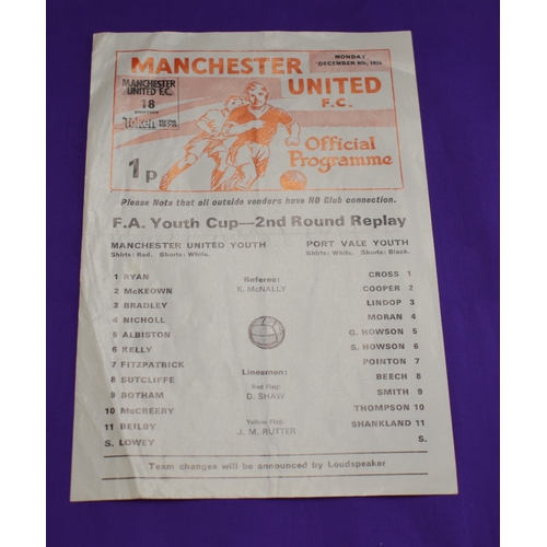 108 - Manchester United v Port Vale FA Youth Cup 2nd Round Replay December 9th 1974. Scarce single sheet. ... 