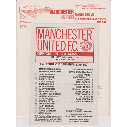 113 - A collection of 2 Manchester United single sheet home programmes from the FA Youth Cup in season 198... 