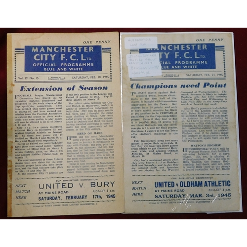 3 - Manchester City home programmes both in the War Cup North from the 1944/45 season v Manchester Unite... 