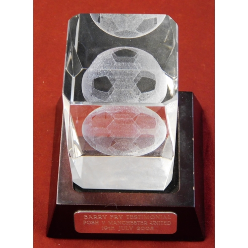 368 - An inscribed glass paperweight on a stand given to Barry Fry on the occasion his Testimonial Peterbo... 