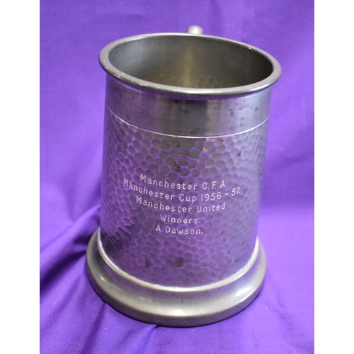 380 - An engraved Central League Winners pewter mug presented to Alex Dawson of Manchester United from the... 