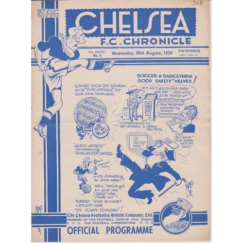 40 - Programme Chelsea v Manchester United 30th August 1939. Comes from the 3 game season. Lacks staples ... 