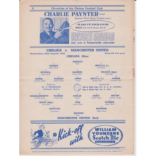 40 - Programme Chelsea v Manchester United 30th August 1939. Comes from the 3 game season. Lacks staples ... 