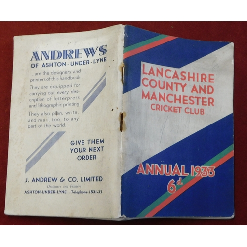 426 - Cricket Lancashire County and Manchester Cricket Clue 1933 Annual, staple rust, text & Photo's very ... 