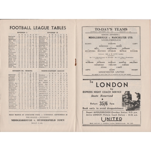 44 - Programme Middlesbrough v Manchester United 23rd September 1950. No writing. Very light vertical fol... 