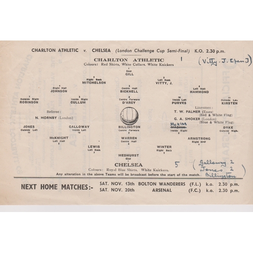 452 - Charlton Athletic v Chelsea London Challenge Cup Semi Final at the Valley 8th November 1948. Single ... 