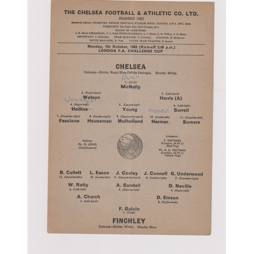 457 - Chelsea v Finchley single card programme London Challenge Cup 1st Round 7th October 1963. Team chang... 