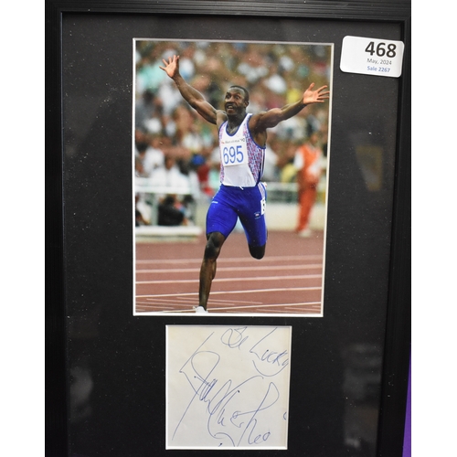 468 - Framed signed photo of Linford Christie, signed back stage at Granada Studios after filing question ... 