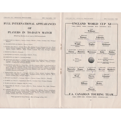 509 - Charity Shield programme England World Cup XI v FA Canadian Touring Team played at Chelsea 20th Sept... 