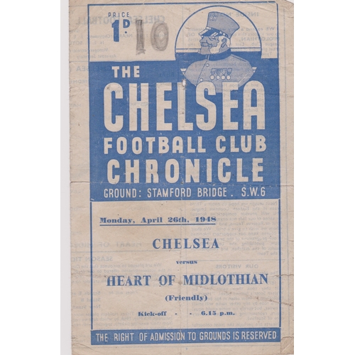 511 - Chelsea v Hearts (Friendly). 4 Page programme 26th April 1948. Some staining at front cover with fol... 