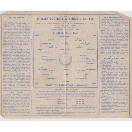 511 - Chelsea v Hearts (Friendly). 4 Page programme 26th April 1948. Some staining at front cover with fol... 