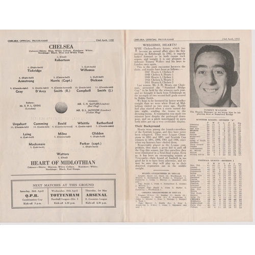 512 - Chelsea v Hearts (Friendly). 4 Page programme 23rd April 1952. No writing. Very good