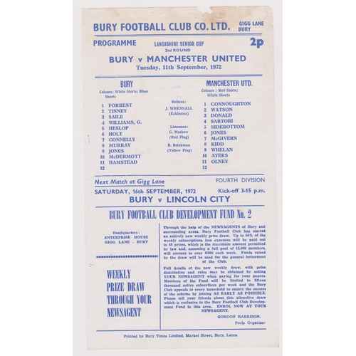 62 - Single sheet programme Bury v Manchester United Lancashire Senior Cup 2nd Round 11th September 1972.... 