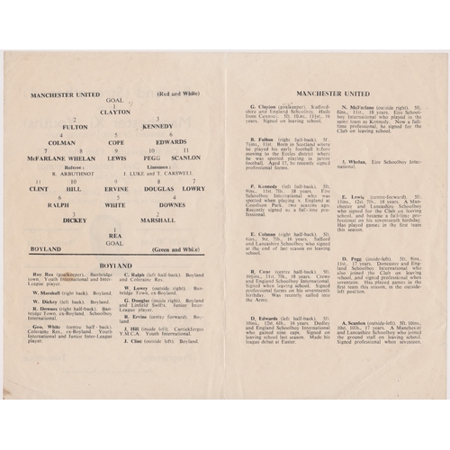 65 - Programme Boyland v Manchester United Youth Friendly played in Belfast 13th May 1953. Duncan Edwards... 