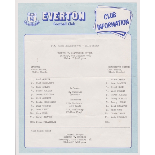 84 - Single sheet programme Everton v Manchester United FA Youth Cup 3rd Round 8th January 1980. Light ho... 