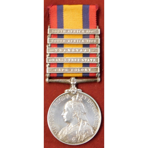 505 - British Queen's South Africa Medal with five clasps including 'South Africa 1901', 'South Africa 190... 