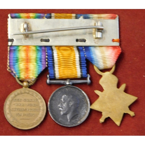 517 - British WWI Trio miniature group including 1914-1915 Star, War Medal and Victory Medal with pin back... 