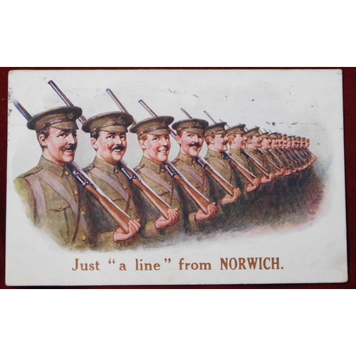 526 - British WWI used printed postcard showing men of The Norfolk Regiment above 'Just 