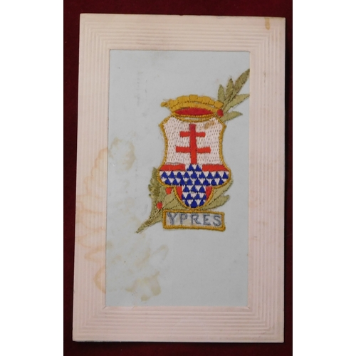 553 - WWI Silk Postcards, good mostly clean lot, 1917, 1918 (2), Allied Flags, Right is Migita, Ypres, Fam... 