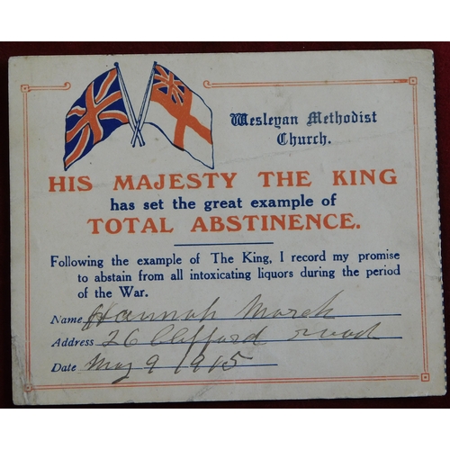 586 - British WWI Certificate for Abstinence from the Wesleyan Methodist Church 