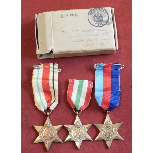 905 - British WWII Medal group in box of issue, The Africa Star, The Italy Star, The 1939-1945 Star issued... 