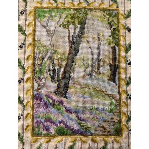 916 - A framed school sampler of a forest scene, dated 1960 turned into a tray