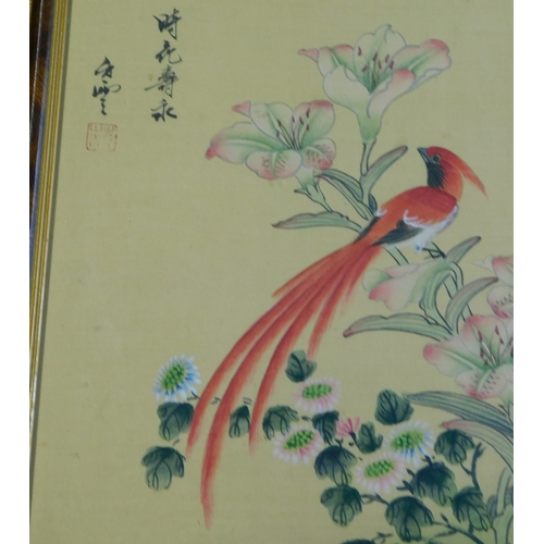 917 - Chinese 20th Century Gouache paintings of birds on silk, four framed pictures. Buyer collects