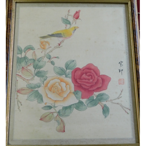 917 - Chinese 20th Century Gouache paintings of birds on silk, four framed pictures. Buyer collects