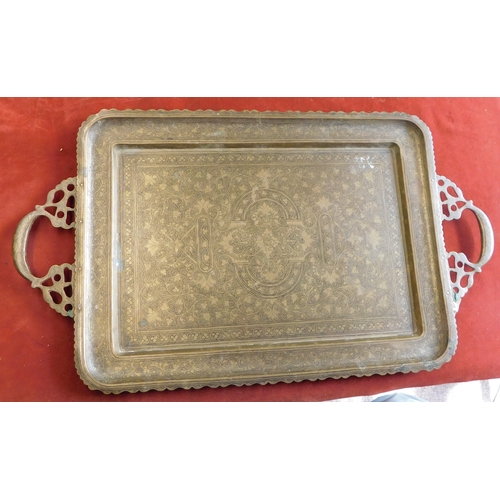 861 - Indian 1950s etched tray, in the Indian style with a floral design which has been highlighted with b... 