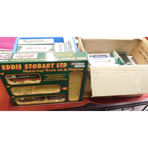 743 - Corgi, Atlas, Scania range of Eddie Stobart mint and boxed, coach, vans, trucks etc., with large tru... 