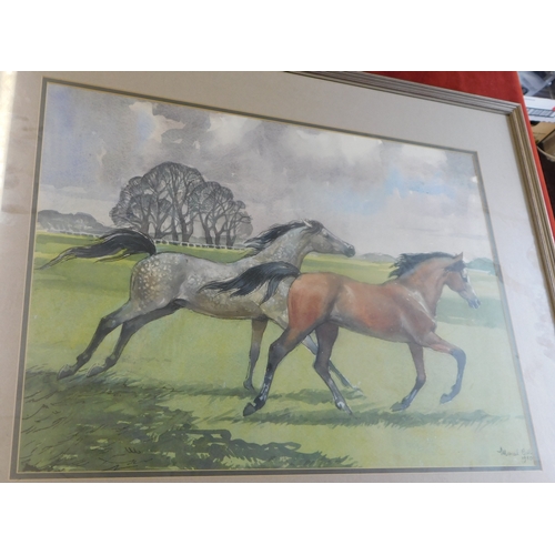 653 - Gill, Muriel (20th Century artist) Running Horses - Two galloping together. 1980 Watercolour, very f... 