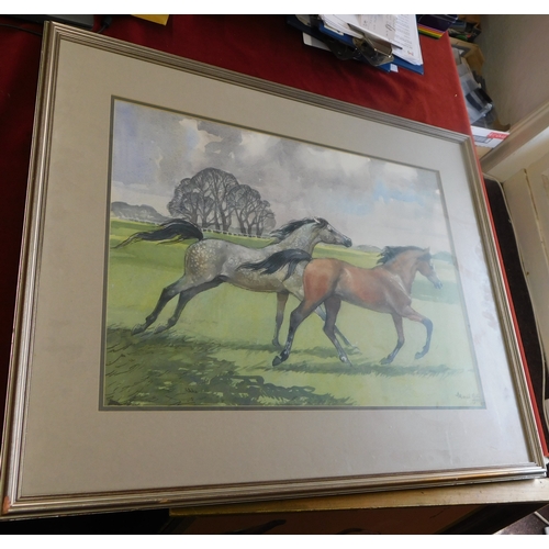 653 - Gill, Muriel (20th Century artist) Running Horses - Two galloping together. 1980 Watercolour, very f... 