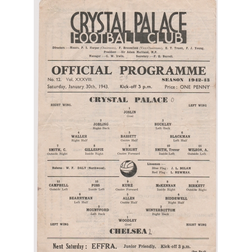 105 - Crystal Palace v Chelsea single sheet programmes dated 30th January 1943 and 12th February 1944 (bot... 