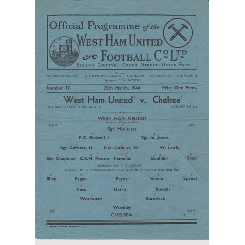 106 - West Ham United v Chelsea single sheet programmes dated 27th December 1943 (League) and 25th March 1... 