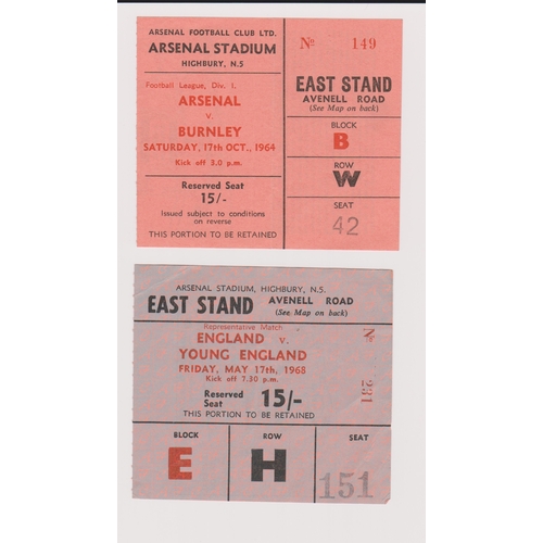 128 - Arsenal home programmes and tickets v Burnley 1964/65 and England v Young England at Highbury 1967/6... 