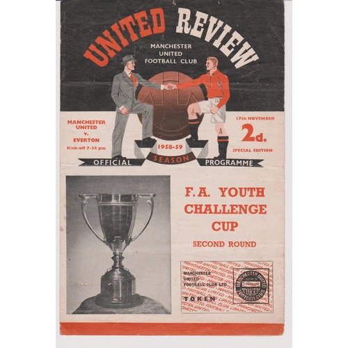 195 - Manchester United home FA Youth Cup programmes all with tokens v Southampton 1956/57, Doncaster Rove... 