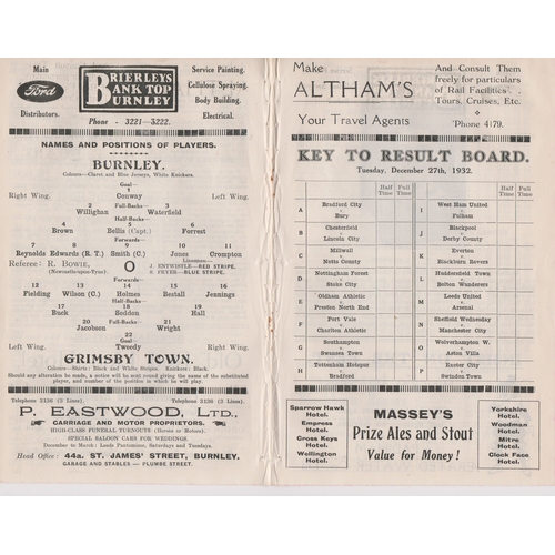 219 - Programme Burnley v Grimsby Town December 27th 1932. Ex Bound Volume. No writing. Generally good