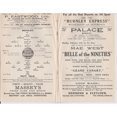 224 - Programme Burnley v Port Vale February 9th 1935. Ex Bound Volume. No writing. Generally good