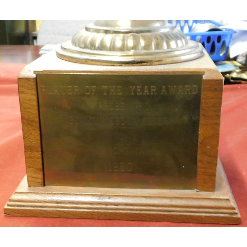 256 - A brass trophy presented to Willie Morgan former Burnley and Manchester United winger. The trophy wa... 